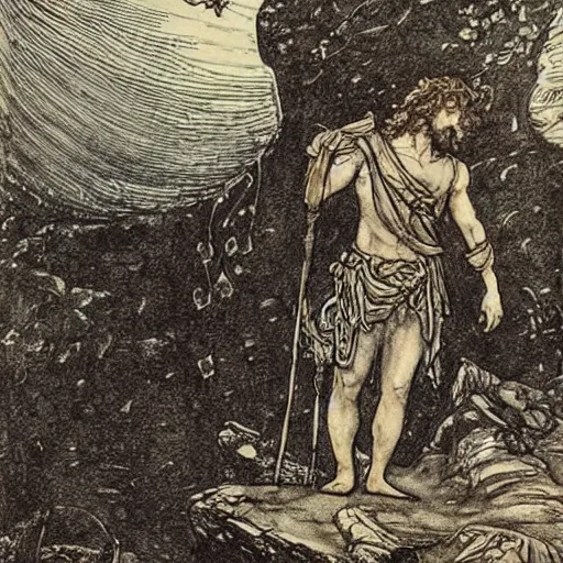 Prompt: Odysseus strings his bow, illustrated by Arthur Rackham