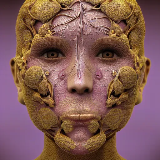 Image similar to beatifull frontal face portrait of a woman, 150 mm, anatomical, flesh, flowers, mandelbrot fractal, facial muscles, veins, arteries, symmetric, intricate, golden ratio, full frame, microscopic, elegant, highly detailed, ornate, ornament, sculpture, elegant , luxury, beautifully lit, ray trace, octane render in the style of Trevor brown , robert Mapplethorpe and Cindy sherman