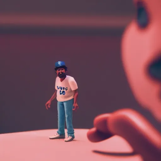 Image similar to a cinematic film still of a claymation stop motion film starring chance the rapper as a college student, shallow depth of field, 8 0 mm, f 1. 8