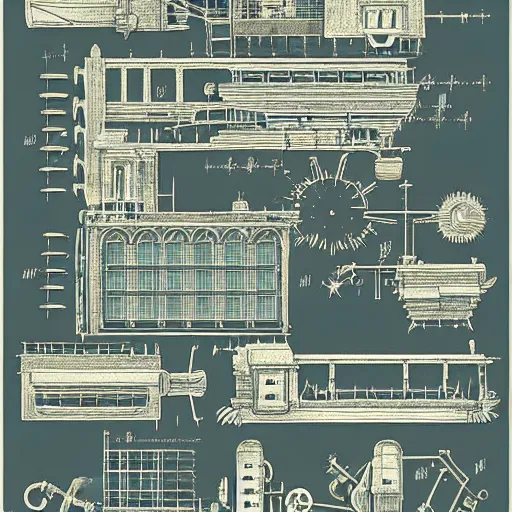 Prompt: a mechanical blueprint of fairytale caste, wide shot,, muted colors, post grunge, studio ghibli, hq, art by artgem