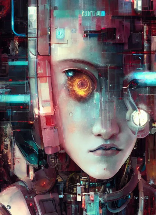 Image similar to surreal painting, by yoshitaka amano, by ruan jia, by conrad roset, by good smile company, by Kilian Eng, detailed anime 3d render of a female mechanical android, portrait, cgsociety, artstation, modular patterned mechanical costume and headpiece, cyberpunk atmosphere