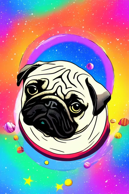 Image similar to planet pug floating in space, art by brian miller, sticker, colorful, illustration, highly detailed, simple, smooth and clean vector curves, no jagged lines, vector art, smooth