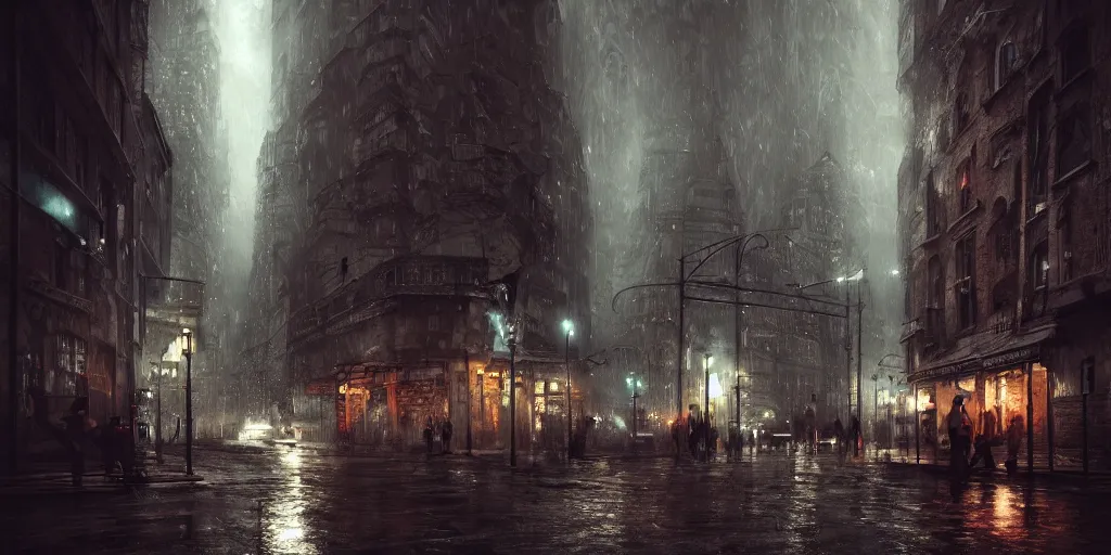 Image similar to a cold and melancholic city in a dark cavern, rainy and gloomy atmosphere, fantasy digital art, octane render, beautiful composition, trending on artstation, award - winning photograph, masterpiece