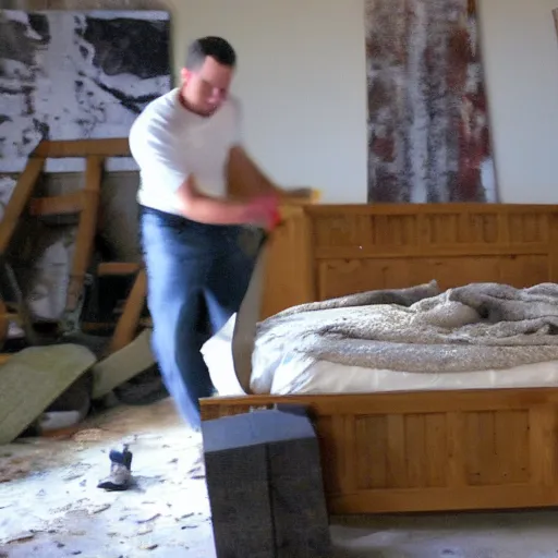 Prompt: a man smashing a bed
