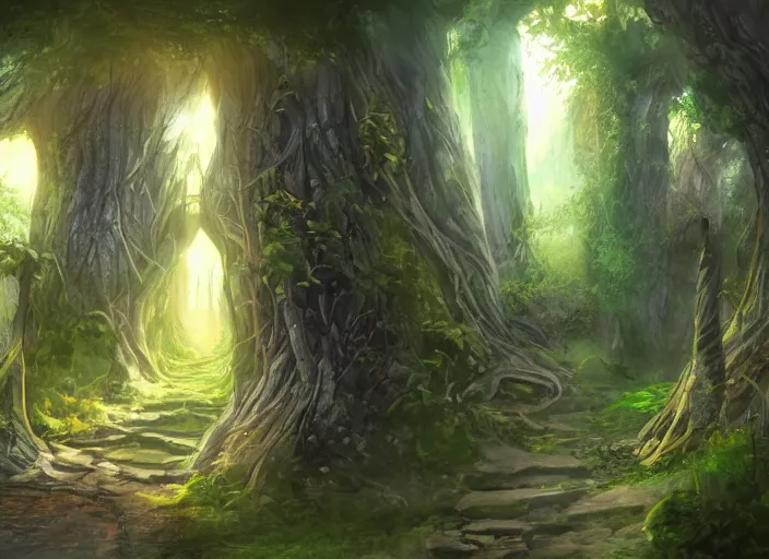 Image similar to A doorway to a magic forest, concept art, detailed