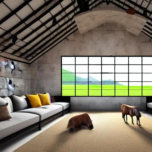 Image similar to interior view of modern futuristic farm barn architecture and interior design showing cows laying down on sofas and pigs and chickens sitting in lounge chairs, wall art, throw pillows, areas rugs, feed troughs, hay, detailed luminescent oil painting 4 k