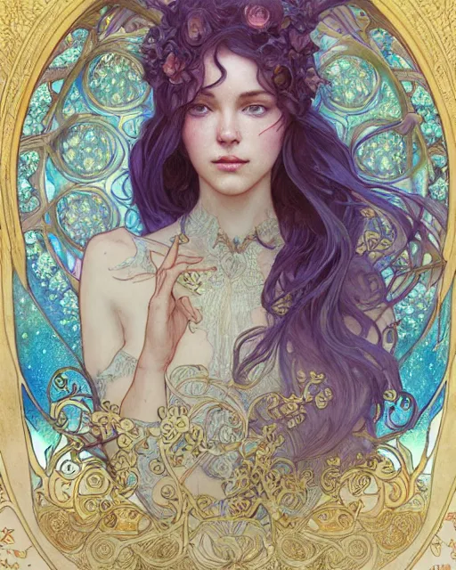 Prompt: a death, highly detailed, very intricate, art nouveau, gold filigree, romantic storybook fantasy, soft cinematic lighting, award - winning, disney concept art watercolor illustration by mandy jurgens and alphonse mucha and alena aenami, pastel color palette, featured on artstation