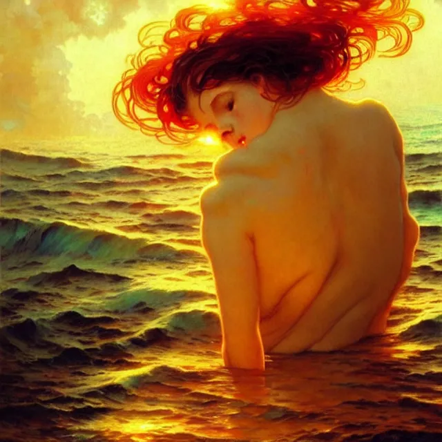 Image similar to ocean waves of glossy liquid honey drops flowing like translucent amber, lsd waves, lsd ripples, backlit, sunset, refracted lighting, art by collier, albert aublet, krenz cushart, artem demura, alphonse mucha