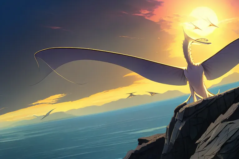 Prompt: a closeup of a large smooth skinned white creature hybrid pterosaur alien, small quills along it's back, long fangs, sitting on a cliff high in the sky, sunset, backlit, beautiful composition, by makoto shinkai an krenz cushart