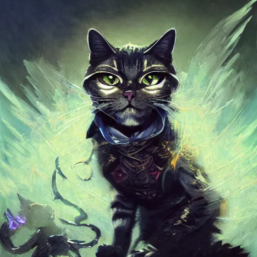 Image similar to Cat, Anthropomorphized, casting evil spell, magic the gathering artwork, D&D, fantasy, centered, symmetrical, highly detailed, artstation, concept art, sharp focus, 8k, art by Akihiko Yoshida and Greg Rutkowski and Craig Mullins, oil painting