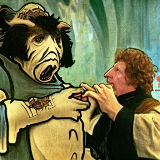 Image similar to baby gamorrean guard being looked after by tom baker dr who, alphonse mucha