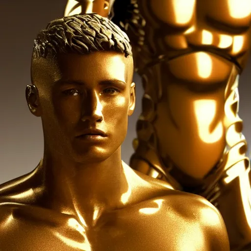 Image similar to a realistic detailed photo of a guy who is an attractive humanoid who is half robot and half humanoid, who is a male android, attractive and handsome soccer players, shiny skin, posing like a statue, blank stare, in a factory, on display, showing off his muscles, gold soccer shorts, side view, looking at each other mindlessly