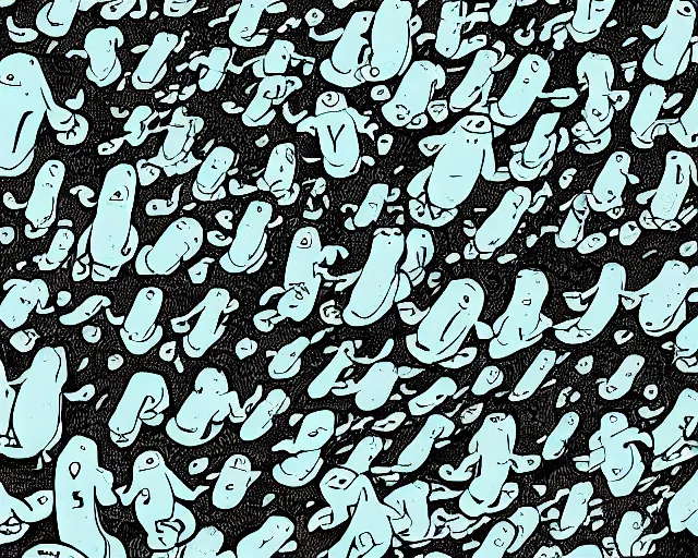 Prompt: A swarm of flying alien hippos animated by Pendleton Ward, extremely high detail, manga, ink