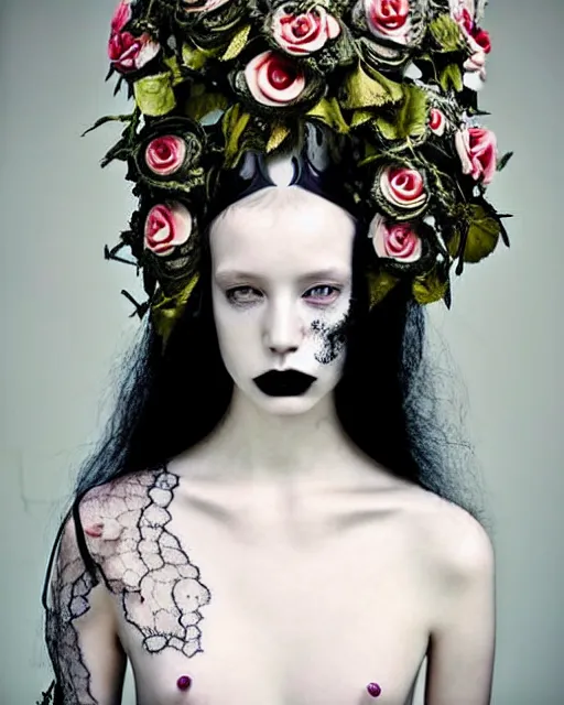 Image similar to dreamy surreal poetic photo of a beautiful young porcelain female-cyborg-vegetal with a very long neck and a super big gothic lace collar filled with dead flies and a very high big floral crown with many black dry roses by Vivienne Westwood:: smoke, high fashion, haute couture, rococo, avant-garde, elegant, dreamy, hyper realistic, 150 mm lens, soft rim light, octane render, unreal engine, picture was taken in 1910 by Dora Maar, volumetric lighting, dramatic light,8k,