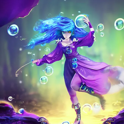 Image similar to female water mage, high quality character design, action pose : : spotlight, magical, seapunk, seaweed, bubbles, high detail, 1 6 k, oled, shadows, reflections, digital art