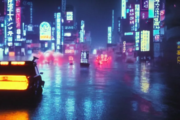 Prompt: a single semi truck, dekotora, speeding down tokyo highway in the rain, night time, neon lights, thunderstorm, movie still from the film bladerunner