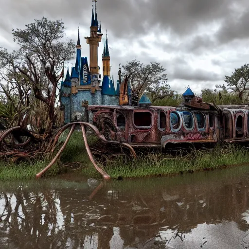 Image similar to post - apocalyptic magic kingdom, wasteland, submerged, monorail, abandoned, wet, swamp, walt disney world, highly detailed, intricate, 8 k