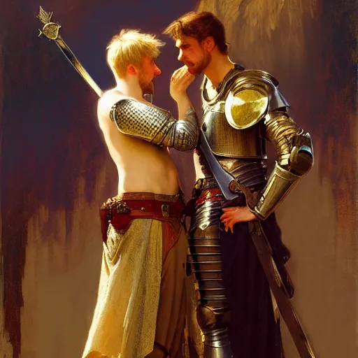 Image similar to attractive arthur pendragon and his attractive male knight, they are in love, natural lighting, path traced, highly detailed, high quality, digital painting, by gaston bussiere, craig mullins, alphonse mucha j. c. leyendecker