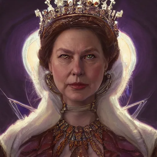 Image similar to queen elizabeth the second as a realistic fantasy d & d character, closeup portrait art by donato giancola and greg rutkowski, realistic face, digital art, trending on artstation