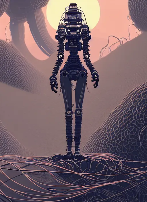 Image similar to highly detailed portrait of a robotic cyborg long curly white hair nomadic tribal lady, stray wiring and tubing by atey ghailan, james gilleard, by joe fenton, by greg rutkowski, by greg tocchini, by kaethe butcher, 4 k resolution, gradient yellow, black and white color scheme!!! ( ( robotic sandstorm robotic pyramid landscape background ) )