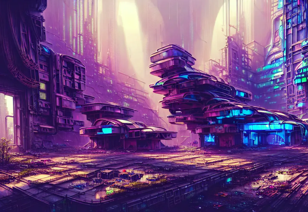 Image similar to A highly detailed crisp wide view of A beautiful futuristic cyberpunk abandoned dystopia city building with futuristic bright lights, plants allover , godray, sunlight breaking through clouds, clouds, debris on the ground, abandoned machines bright happy colors, chaotic , nitid horizon, factory by wangchen-cg, 王琛,Neil blevins, artstation, Gediminas Pranckevicius