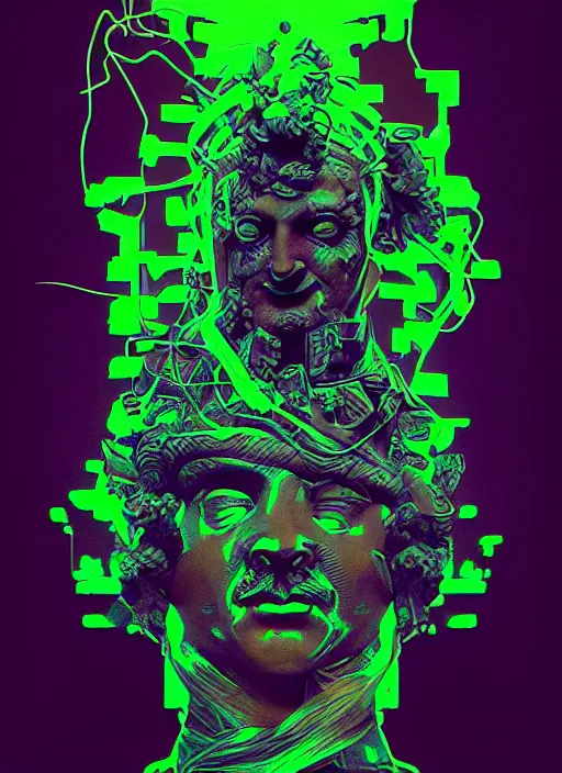 Image similar to statue of dionysus, beeple, android jones, dan mumford, vaporwave, retrowave, black background, neon wiring, black, glitch, strong contrast, cuts, pinterest, trending on artstation