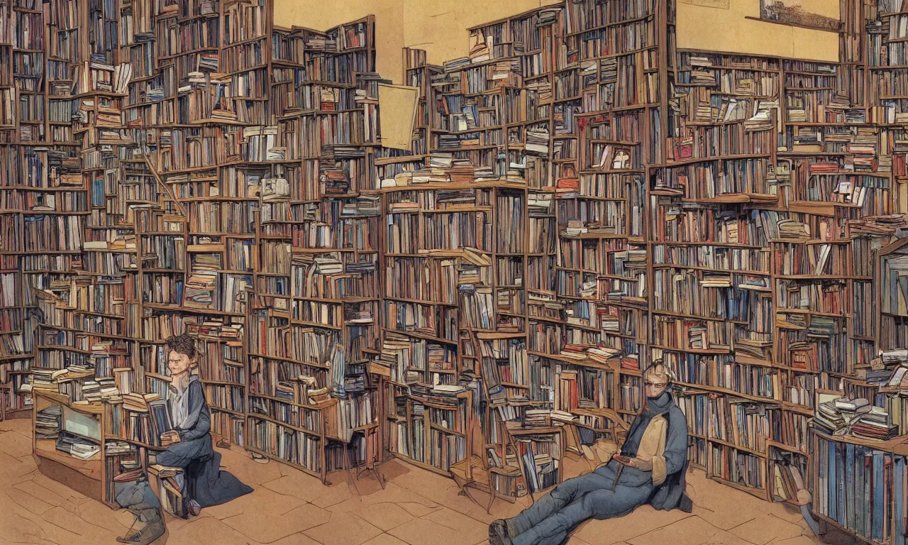 Prompt: bookseller in a bookstore moebius