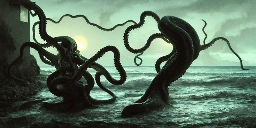 Image similar to landscape view on an old fishing village at night, a humanoid tentacled creature emerging from the ocean, night colors, high - key lighting, beautiful composition, intricate, gradient from green to black, pro photography by, highly detailed, digital painting, art by artgerm and greg rutkowski and alphonse mucha, smooth, sharp focus illustration