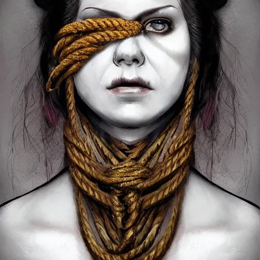 Image similar to portrait of a Shibari rope wrapped face and neck, headshot, insanely nice professional hair style, dramatic hair color, digital painting, of a old 18th century, tourist, wrap around eye patch, amber jewels, baroque, ornate clothing, scifi, realistic, hyper detailed, child, chiaroscuro, concept art, art by Franz Hals and Jon Foster and Ayami Kojima and Amano and Karol Bak,