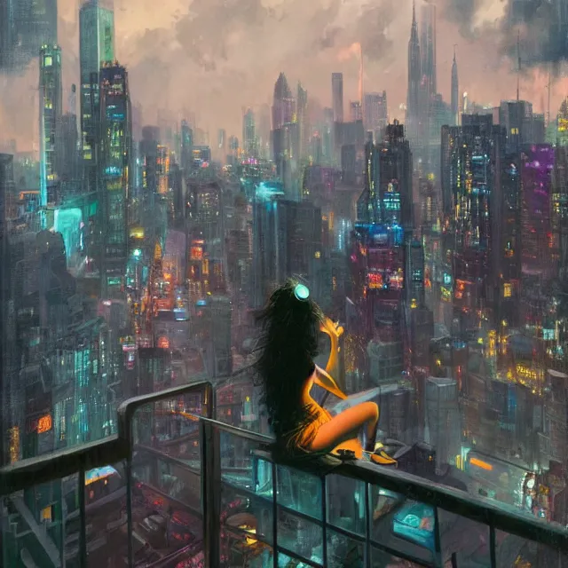 Prompt: a girl sitting on a balcony overlooking a futuristic new york city below, ghostpunk, neon lights, storm clouds, rain, by craig mullins, by jc leyendecker, by james jean