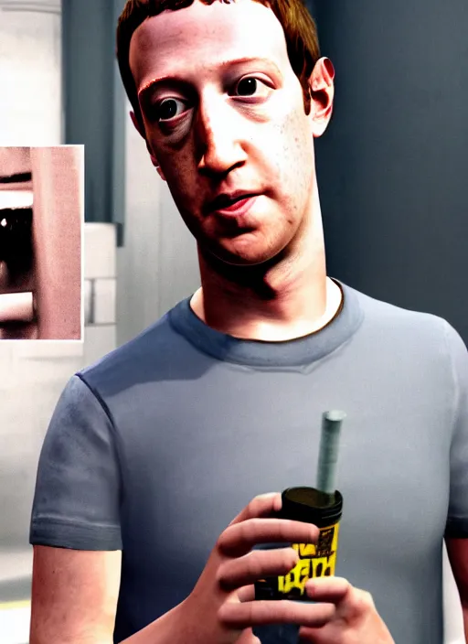 Image similar to Highly detailed full-body portrait of Mark Zuckerberg smoking crack, in GTA V, Stephen Bliss