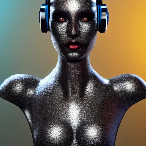 Image similar to celestial female robot, facial portrait, retro-futuristic, legendary epic shot, 90s make-up, galaxy space hunter, cyber implants, wires, low angle, dawn, by syd mead , airbrush, science fantasy, 90s ad, concept art, realistic matte painting, Smooth gradients, octane render, 8k, High contrast, duo tone, depth of field, volumetric lightning, very coherent, symmetrical, skin pore detail