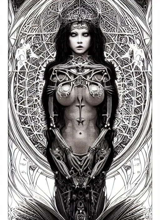 Image similar to beautiful priestess girl tarot card portrait, biomechanical, intricate artwork masterpiece, majestic, elden ring cinematic lighting, volumetric 8 k, by apollonia saintclair, josan gonzalez, zdizslaw beksinski, edmund leighton, kilian eng, trending on cgsociety, 8 k