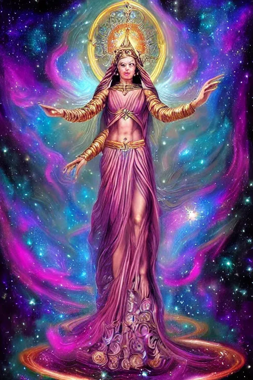 Image similar to Full view realistic ethereal stunning Immortal Gods of cosmic nebula in a beautiful dress, 4k digital painting masterpiece, ornate Iconography background in the style of Barbara Meiklejohn-Free & Flavia Kate Peters, tarot card, cool, magnificent, mystical, Hyperdetailed, award winning art, , wlop, Pinterest, detailed and realistic, soft lighting, intricate details, realistic, full view, Artstation, CGsociety