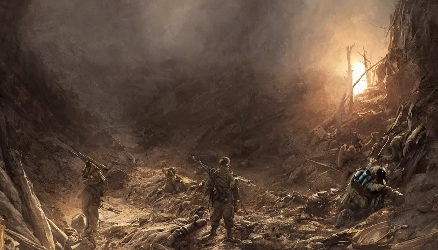 Prompt: beautiful film still of a war movie where a lone survivor, one soldier after his squad killed in action in a trench waiting for the war to end. cinematic lighting and rendering, atmospheric, concept art, high detailed faces, artstation, painted by eddie mendoza, post process by artgerm and greg rutkowski and albert bierstadt