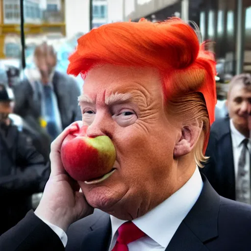 Prompt: secuctive donald trump with red hair eating an apple looking in the camera