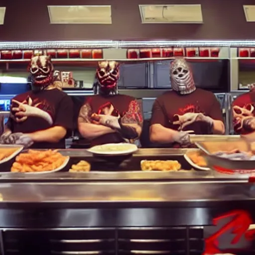 Image similar to a movie screenshot, slipknot band members working in a fast food restaurant, high quality, high detail