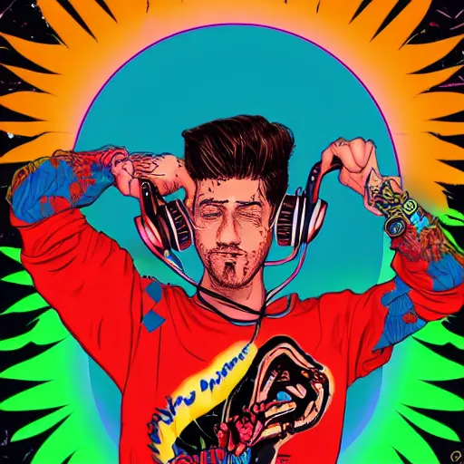 Image similar to artgerm, psychedelic johnny rotton giving you the middle finger, rocking out, headphones dj rave, digital artwork, r. crumb, svg vector