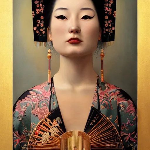 Image similar to highly detailed oil painting | very intricate | cinematic lighting | award - winning | the scandinavian viking geisha in an exquisite tribal kimono | by roberto ferri, by tom bagshaw, by j. c. leyendecker and klimt, beautiful cinematic light, american romanticism, by austin osman spare, artstation, cgsociety, official art, octane