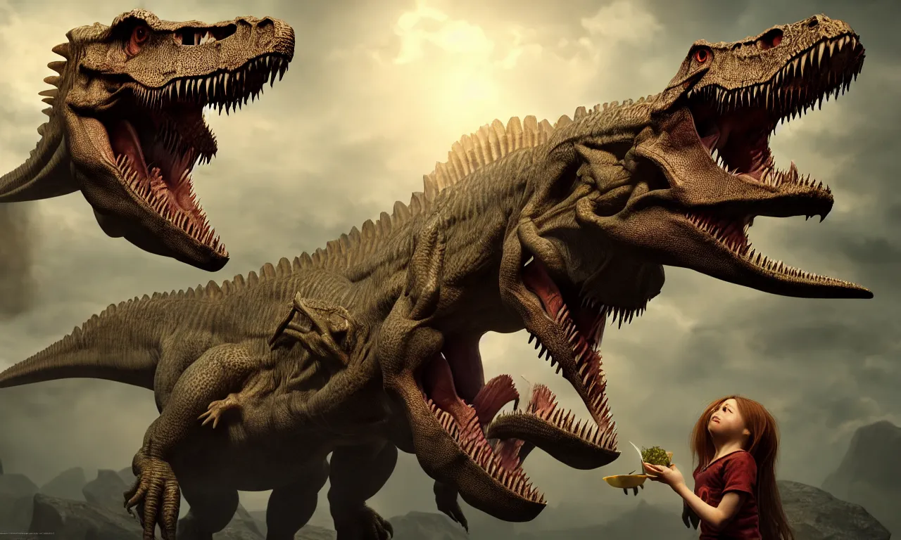 Image similar to cute girl feeding tyranosaur rex, dramatic pose, high details, raytracing, back light, raymarching, by ilm, by digital domain, by weta digital