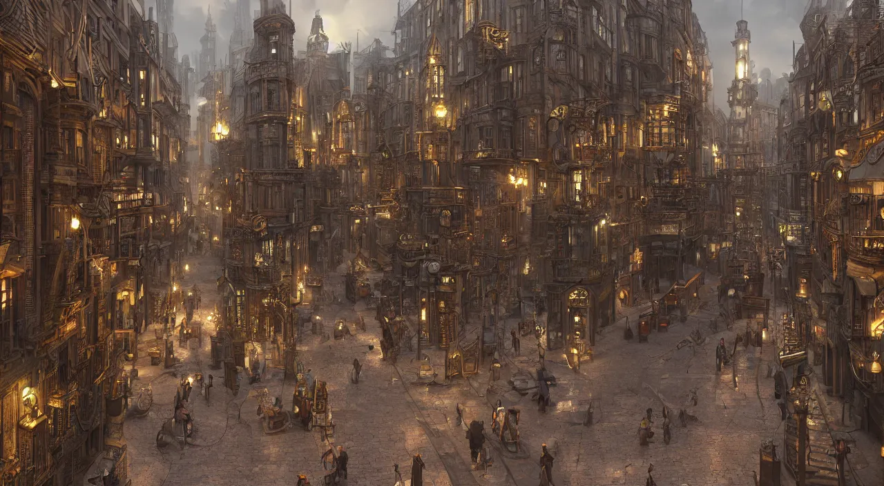 Image similar to steampunk city streets by ted nasmith, octane render, trending on artstation