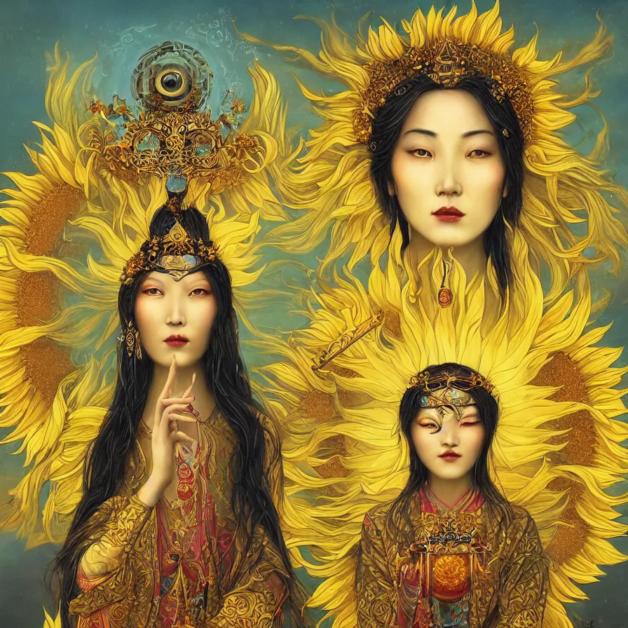 Image similar to The Chinese goddess of sunflower, who has a glowing third-eye and an helianthus-shaped golden crown, and presides over the rays of the sun with her sacred vision, by Anato Finnstark, Tom Bagshaw, Brom