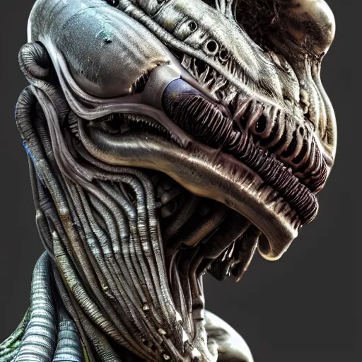 Prompt: skin concept heads, texture, alien, biopunk, plant predator, predator, teeth, many details, guyver style, 3 d, cinematic, hyper realism, high detail, octane render, art by hans giger