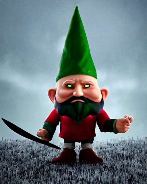 Prompt: bald gnome with big white beard holding a dagger and bomb running through a field looking angry.