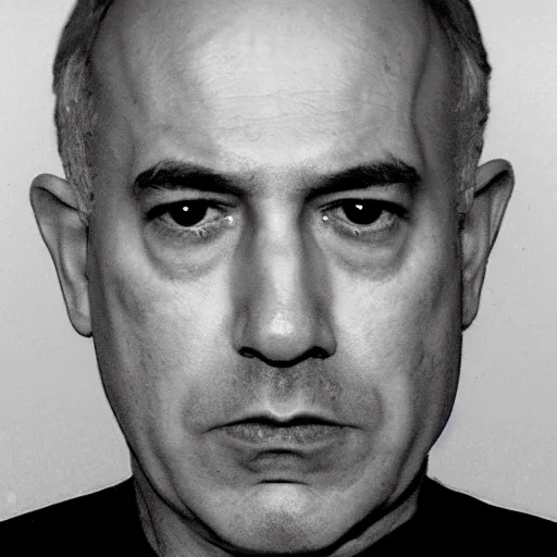 Prompt: mugshot portrait of Bibi Netanyahu heavy grain, high contrast black and white, behind prison bars, low quality video camera security night vision