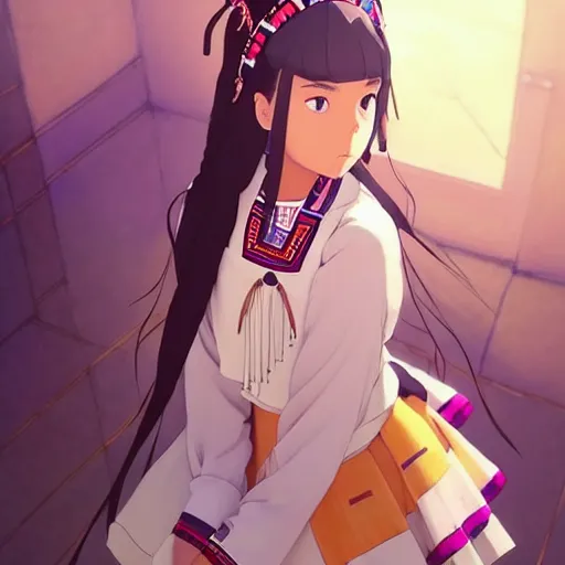 Image similar to a beautiful! plus sized native women instagram model, brown skin, wearing elegant catholic school girl designer fashion with mayan pattern and native style, aztec street fashion, gapmoe yandere grimdark, trending on pixiv fanbox, painted by greg rutkowski makoto shinkai takashi takeuchi studio ghibli, akihiko yoshida