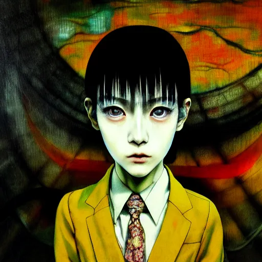 Image similar to yoshitaka amano blurred and dreamy realistic three quarter angle horror portrait of a sinister young woman with short hair and yellow eyes wearing office suit with tie, junji ito abstract patterns in the background, satoshi kon anime, noisy film grain effect, highly detailed, renaissance oil painting, weird portrait angle, blurred lost edges