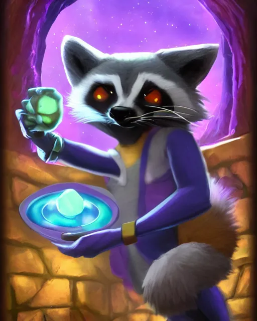 Image similar to 3 5 mm portrait of furry necromancer sly cooper raccoon holding a magical glowing gemstone in a crystal cave, d & d, magic the gathering, disney, pixar,