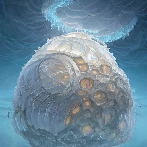 Prompt: “a giant nest made out of ice in middle of ocean, similar to wasp nest, hivemind, D&D, fantasy, intricate, cinematic lighting, highly detailed, digital painting, artstation, concept art, smooth, sharp focus, illustration, art by Artgerm and Greg Rutkowski and Alphonse Mucha”