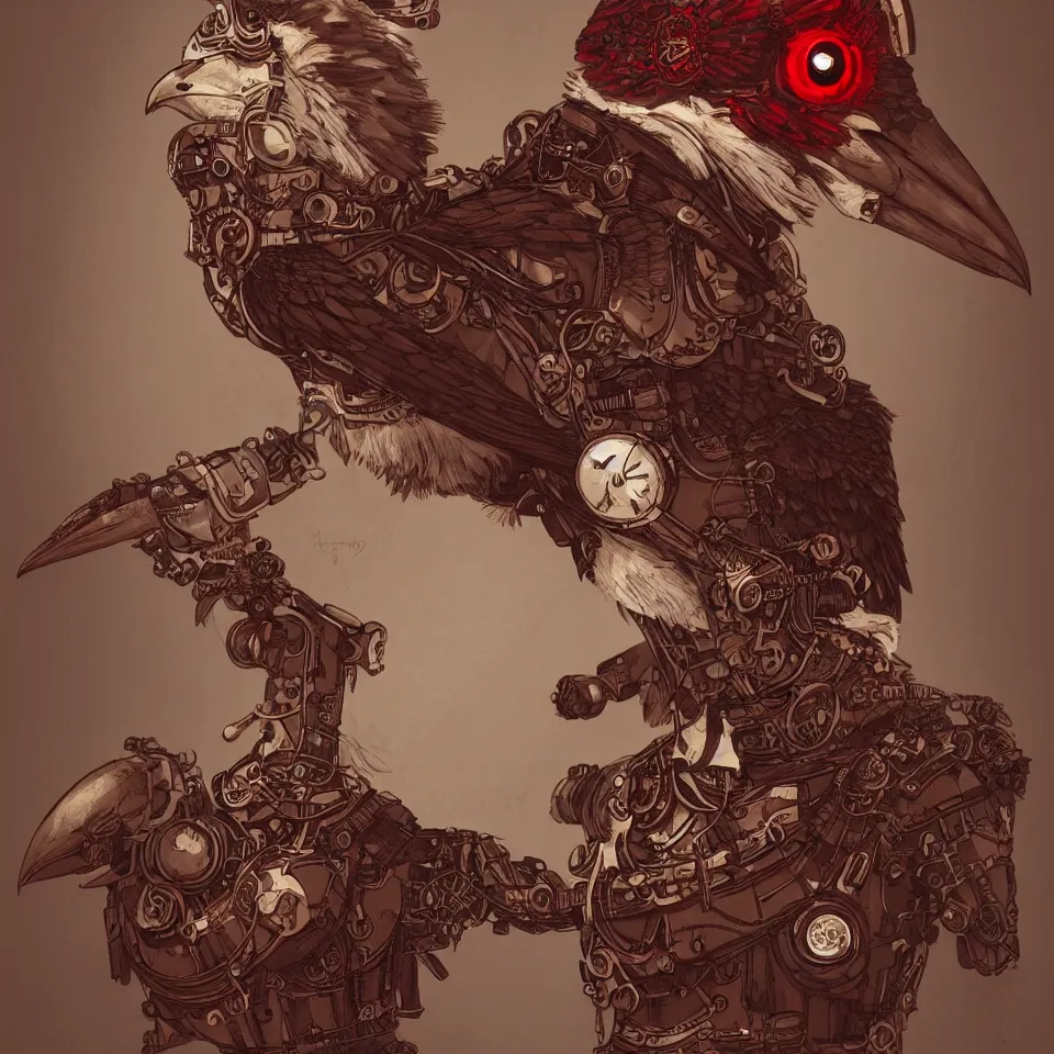 Prompt: a detailed concept art steampunk of a bust bird by miguel nogueira, gradient dark red, cream and white color scheme, dynamic lighting, cinematic, epic composition, masterpiece